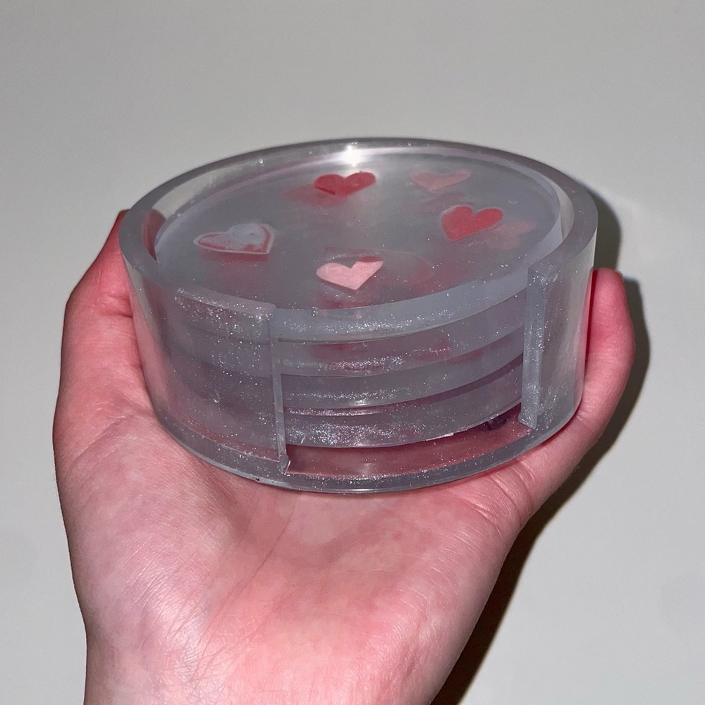 Handmade Pink Heart & Glitter Design Coaster Set epoxy resin - Picture 7 of 8